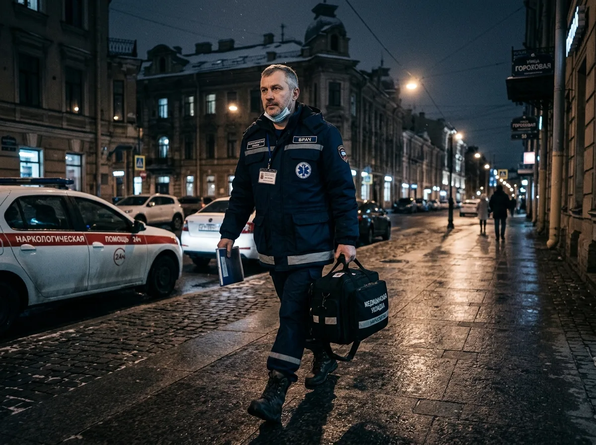 Врач-нарколог выезжает на вызов на дом в Санкт-Петербурге ночью, строгий профессиональный вид, тёмно-синяя тональность, городская улица на фоне