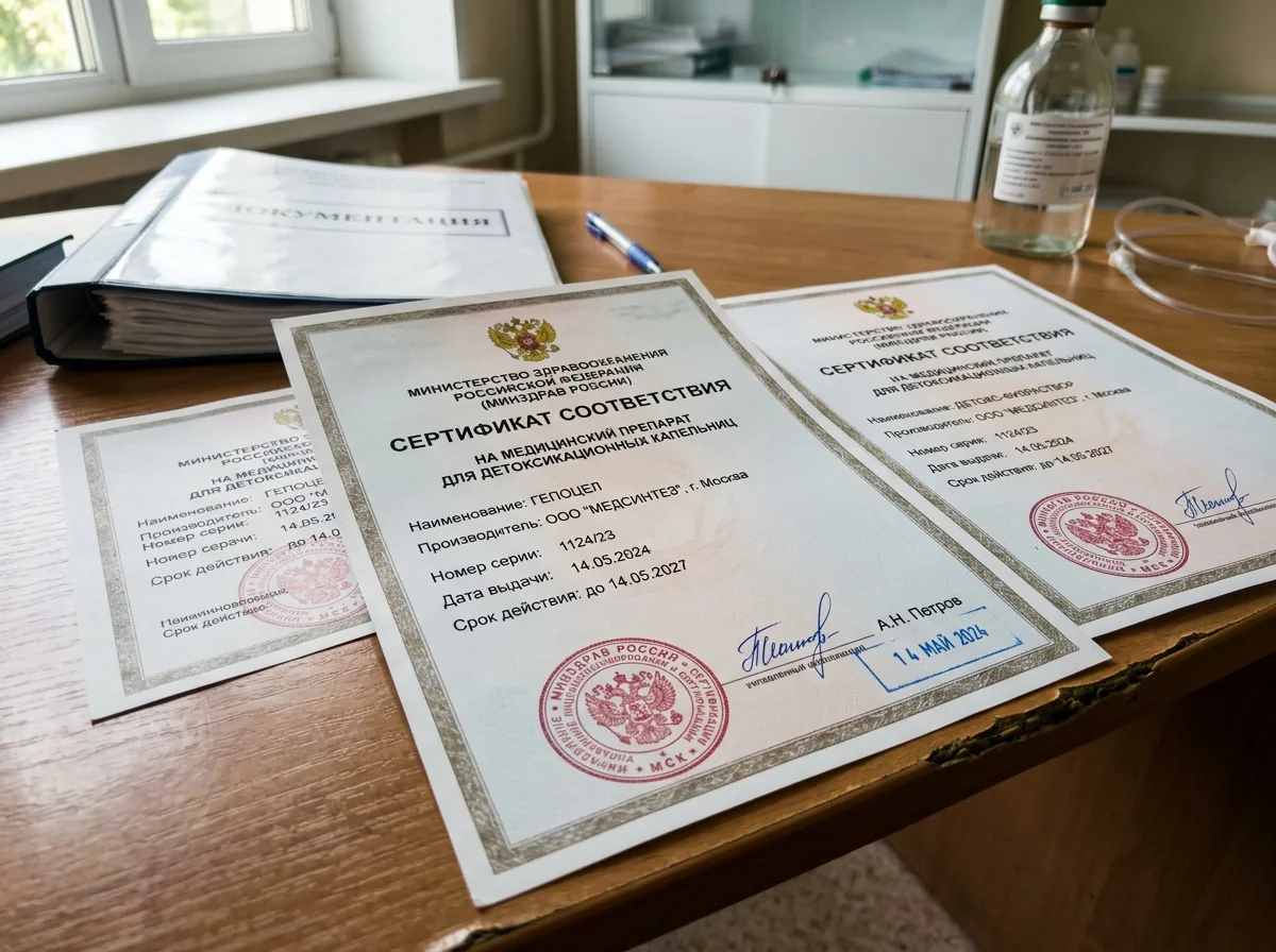 Сертификаты соответствия медицинских препаратов для детоксикационных капельниц, официальные документы с печатями Минздрава