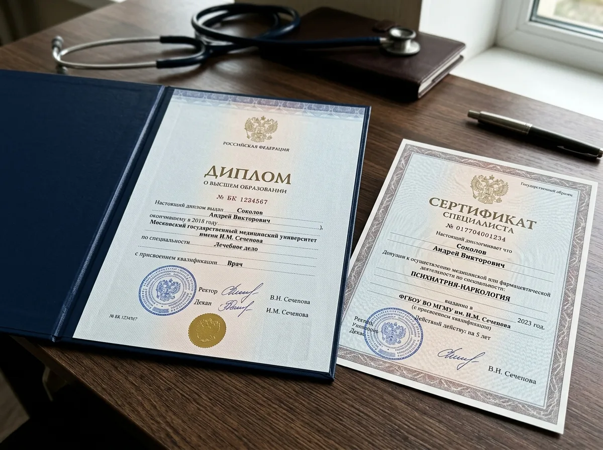Диплом о высшем медицинском образовании и сертификат специалиста по наркологии, официальный бланк государственного образца